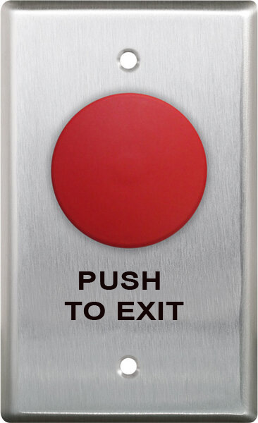 Camden Mushroom Push Button, RED, S/G NC "PUSH TO EXIT" Lasered