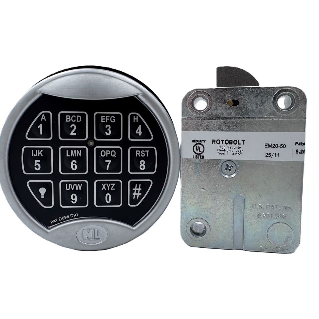 NL Lock QKR50N9 Large Rotobolt with Premier II Keypad Satin Chrome Dia 9 User Board