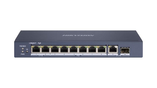 [DS-3E0510HP-E] HikVision Switch L2, Unmanaged, 8 Gigabit RJ45 PoE ports, 1 Gigabit RJ45, 1 Gigabit SFP uplink port, 802.3af/at/bt, port 1-2 support Hi-PoE 90w, PoE power budget 110W, ports 7-8 support up to 300meter, 6KV surge protection, supports POE watchdog, port isolation