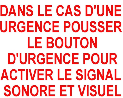 [CM-SF20B] Camden French, white self adhesive vinyl, DANS LE CAS D'UNE URGENCE POUSSER LE BOUTON D'URGENCE POUR ACTIVER LE SIGNAL SONORE ET VISUEL' (6'" X 10 5/8'" (152mm X 270mm)