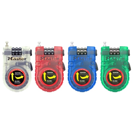 [4605D] Master Lock 4605D 36" (90cm) Long x 3/32" (2.4mm) Diameter Braided Steel Retractable Cable with Set Your Own Combination Lock; Assorted Colors 