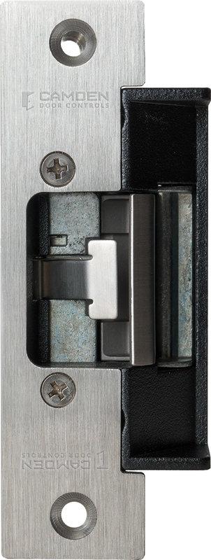 Camden Low Profile Grade 1 'Universal' electric strike, 'Univ' Strike, 1/2" to 5/8" throw, 12/24V AC/DC, fail safe/fail secure operation, horizontal adjustment, and 3 stainless steel faceplates (CX-ESP1B, CX-ESP3B & CX-ESP4B)