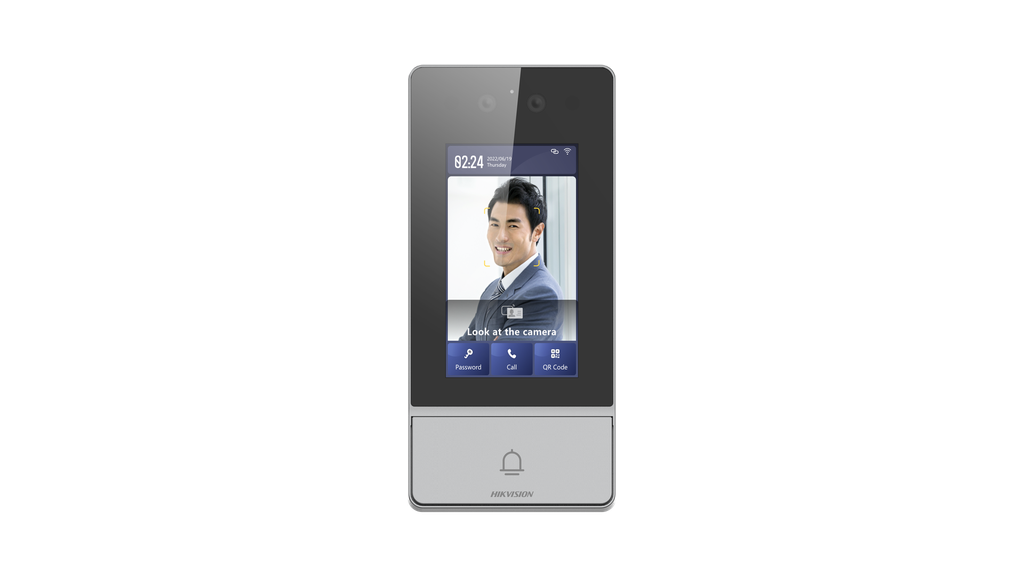 HikVision 4.3-inch IPS touch screen/IP65 & IK08/Multiple authentication ways(FR,card,PIN,QR)/Web configuration/1 physical button to call/2 x 2MP HD camera/Standard PoE/12 VDC/Wi-Fi/Up to 20000 contacts can be added to the device
