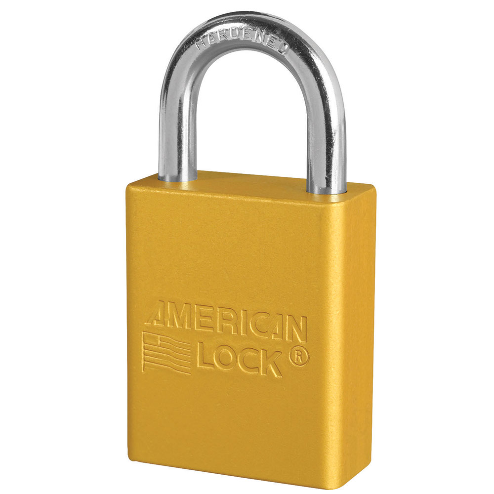 Yellow Anodized Aluminum Safety Padlock, 1-1/2in (38mm) Wide with 1in (25mm) Tall Shackle