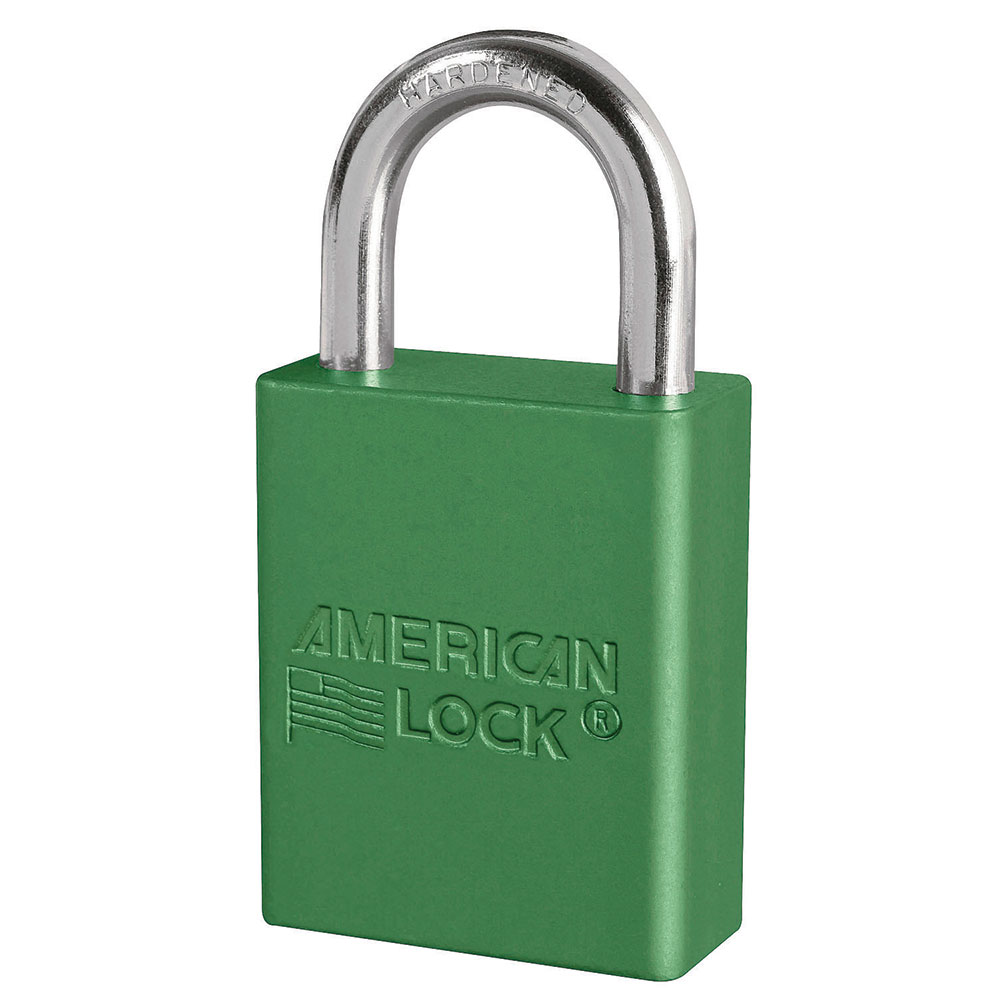 Green Anodized Aluminum Safety Padlock, 1-1/2in (38mm) Wide with 1in (25mm) Tall Shackle