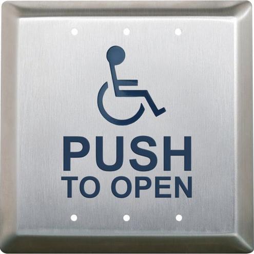 Camden CM-45/4 Push Plate Switch, 'WHEELCHAIR' symbol and 'PUSH TO OPEN', blue