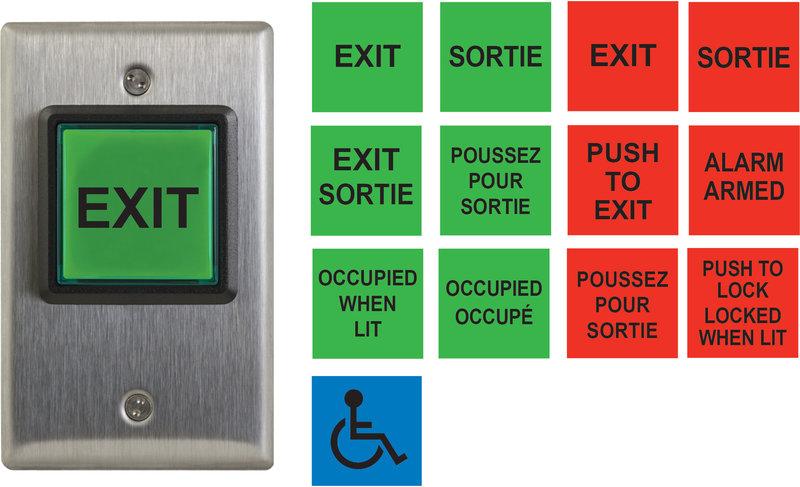 Camden (13) English and French insert labels, 12V - 28V LED Illuminated (Red and Green): 'Push to Exit', 'Exit', 'Occupied When Lit', bilingual versions and wheelchair symbol.