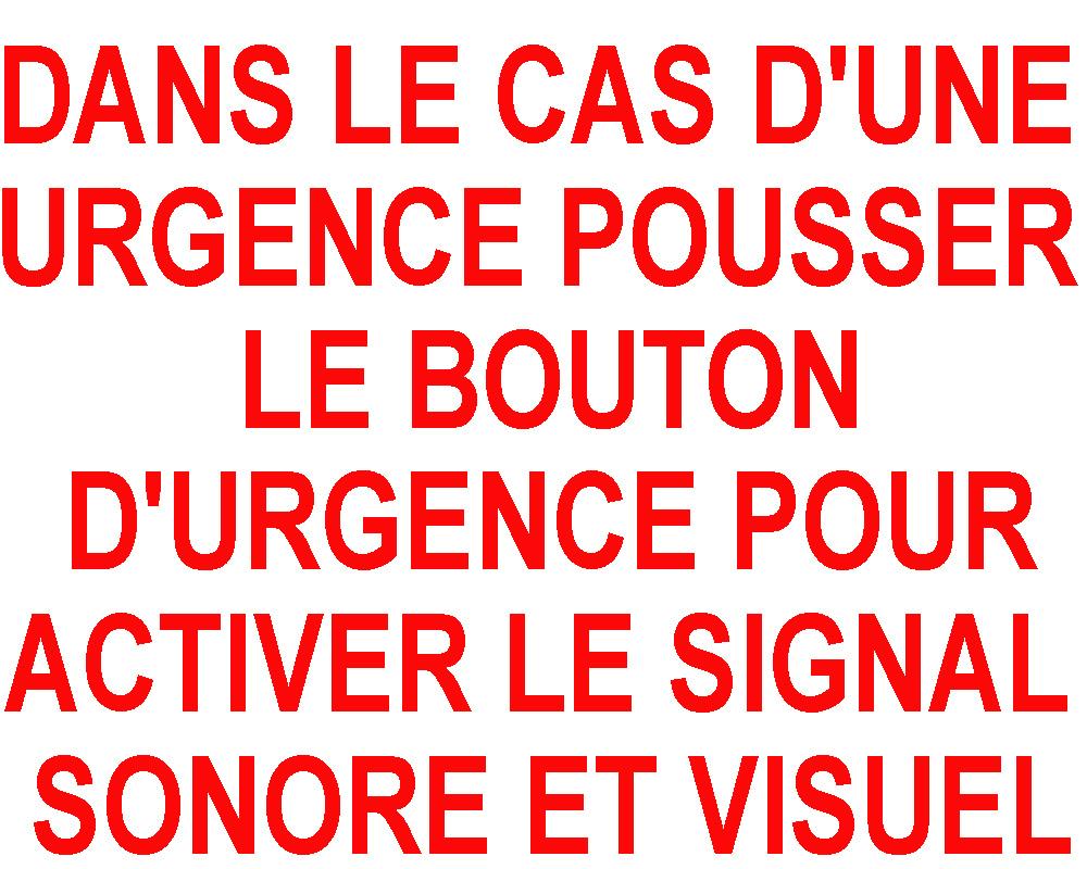 Camden French, white self adhesive vinyl, DANS LE CAS D'UNE URGENCE POUSSER LE BOUTON D'URGENCE POUR ACTIVER LE SIGNAL SONORE ET VISUEL' (6'" X 10 5/8'" (152mm X 270mm)