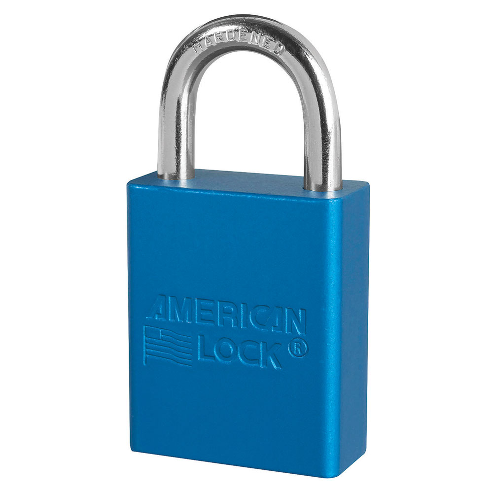 Blue Anodized Aluminum Safety Padlock, 1-1/2in (38mm) Wide with 1in (25mm) Tall Shackle