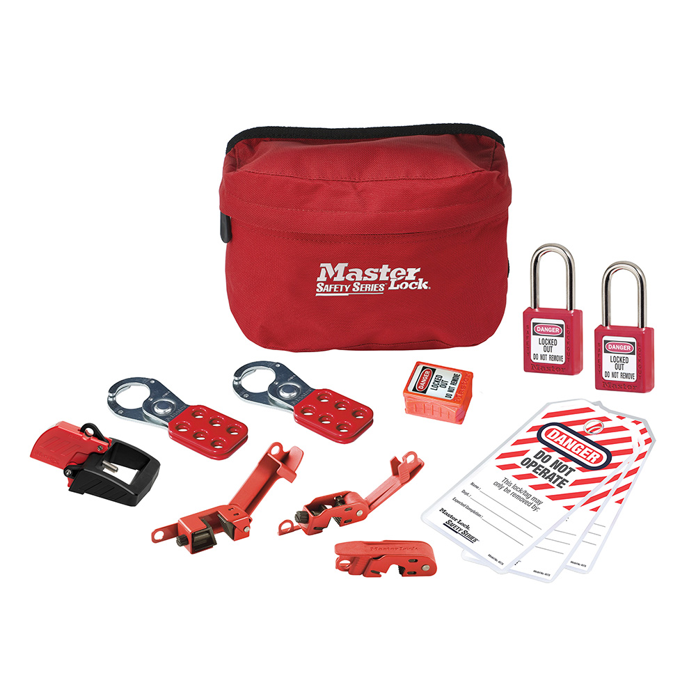 Master Lock S1010E410KA Lockout Pouch with Standard Electrical Device Assortment and two Zenex™ Thermoplastic Padlocks, Keyed Alike