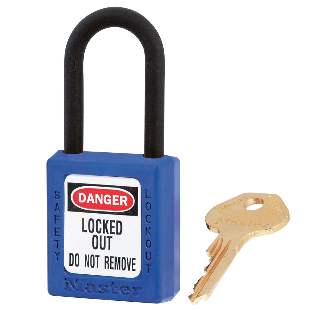 Master Lock 406MKBLU Blue Dielectric Zenex™ Thermoplastic Safety Padlock, 1-1/2" (38mm) Wide with 1-1/2" (38mm) Tall Nylon Shackle, Master Keyed