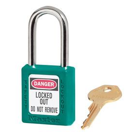Master Lock 
410TEAL
Teal Zenex™ thermoplastic safety padlock, 38mm wide with 38mm tall shackle