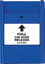 [CM-703U] Camden Universal' blue pull station, (1) x N/C + (1) x N/O - Labels include: (1) 'Pull for Door Release', (1) 'Pull for Emergency Door Release', (1) Eng. and (1) Fr./Eng. bilingual 'Pull in Case of Emergency' & (1) Sp. 'Jale En Caso De Emergencia'