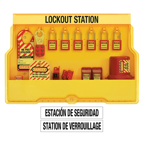 [S1850E410FRC] Master Lock S1850E410FRC English/French Electrical Lockout Wall Station with Standard Device Assortment and six Zenex™ Thermoplastic Padlocks Includes French safety tags, Keyed Different 
